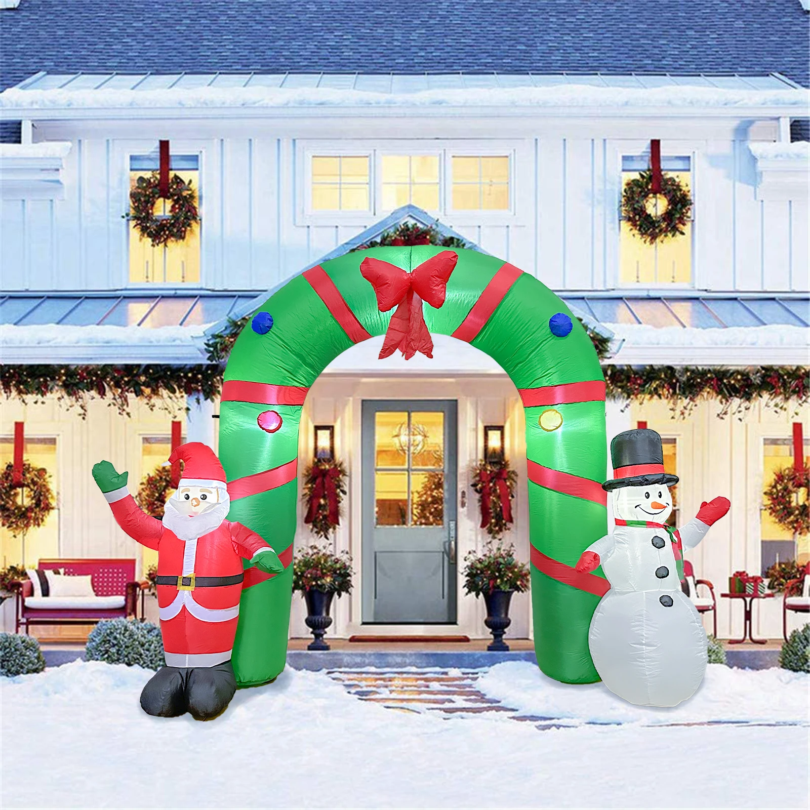 OurWarm 8ft Xmas Santa Claus and Snowman Arch Blow Up Patio Decoration Christmas Inflatable Arch with Built-in LED Lights