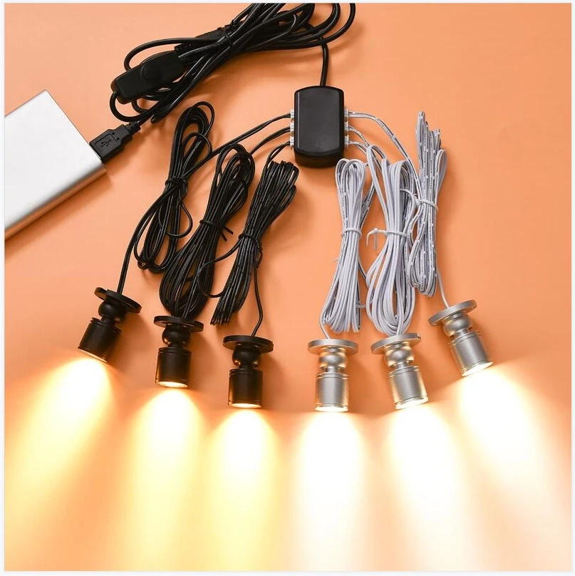 Dimmable USB 5V 1W LED Spot Light Mini Lamp Long Cord for Model Display Counter Wine Cabinet Garage Kit Exhibition Case Shelf