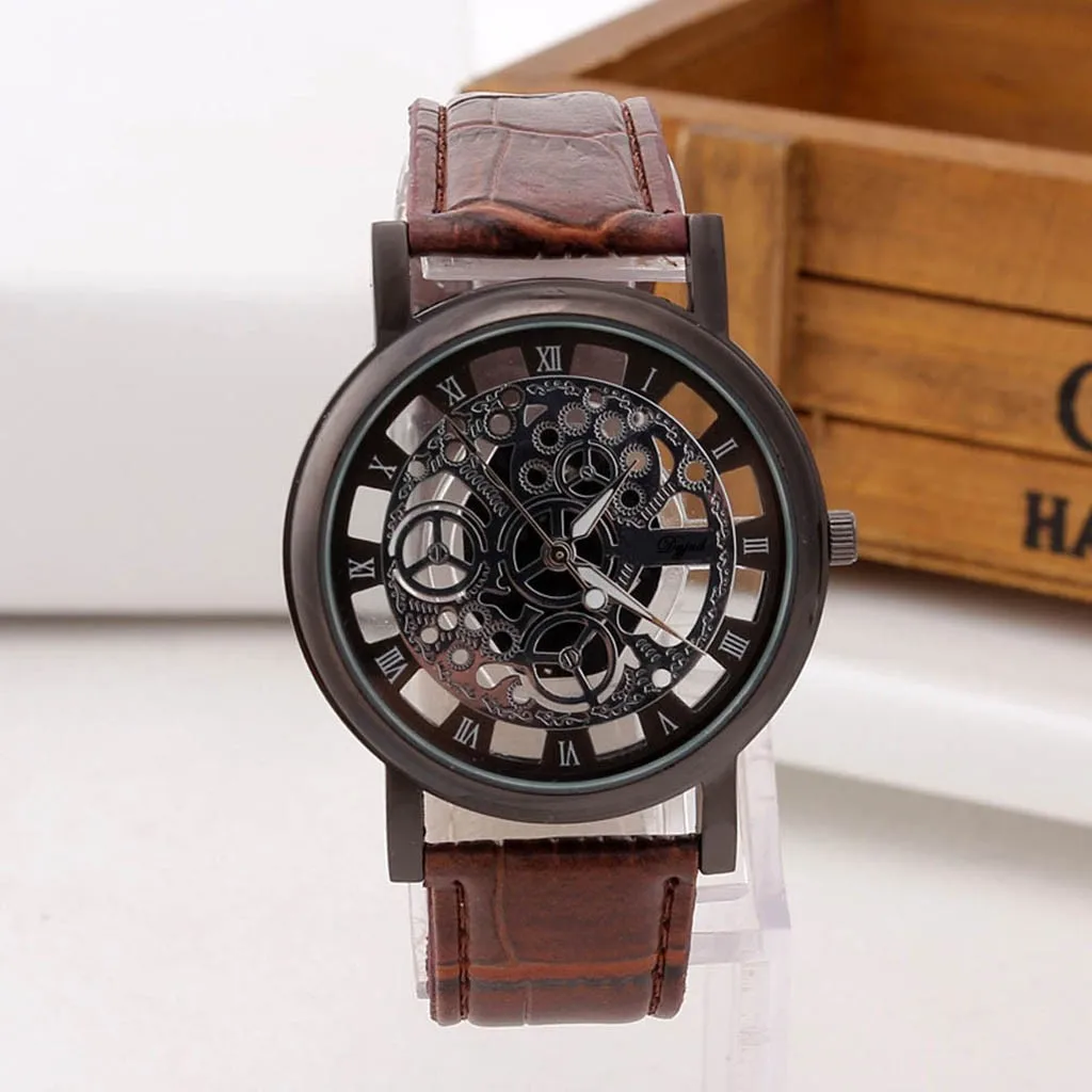 Mens Luxury Skeleton Watch Business Male Clock Engraving Hollow Stainless Steel Leather Belt Quartz Wristwatches Reloj Hombre