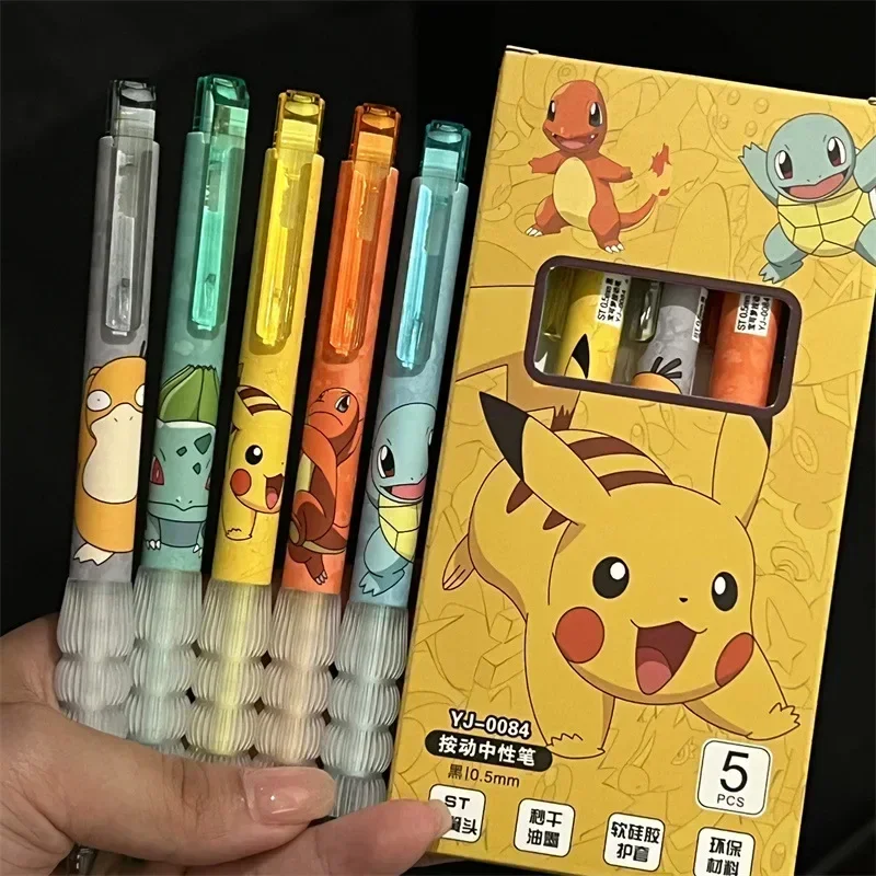 5pcs Pokemon Pikachu Gel Pen Cute Anime Cartoon Charmander Squirtle Press on Gel Pen Stationery School Supplies Holiday Gifts