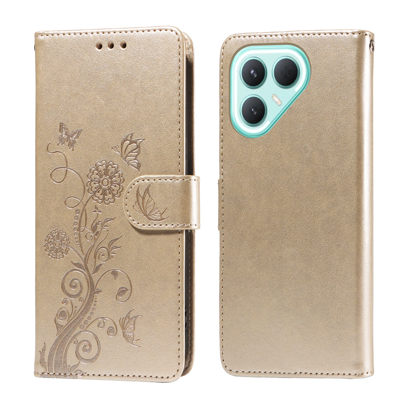 

Для TECNO Pova 7 Pro 5G кожаный чехол-подставка-бумажник с цветочным принтом и бабочкой - золотой