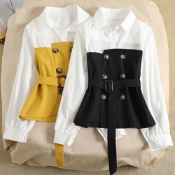 2020 New Spring Fake Two-piece Jacket  Female Shirt Korean Women Blouse Patchwork Pullover Blusas Top Stitching POLO Collar Coat