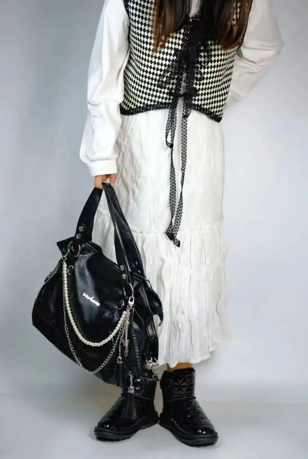 Bloom Retro White Large Capacity Tote Bag Women Haruku Pearl Chain Casual Shoulder Bags Female Vintage Y2k Handbag Aesthetic