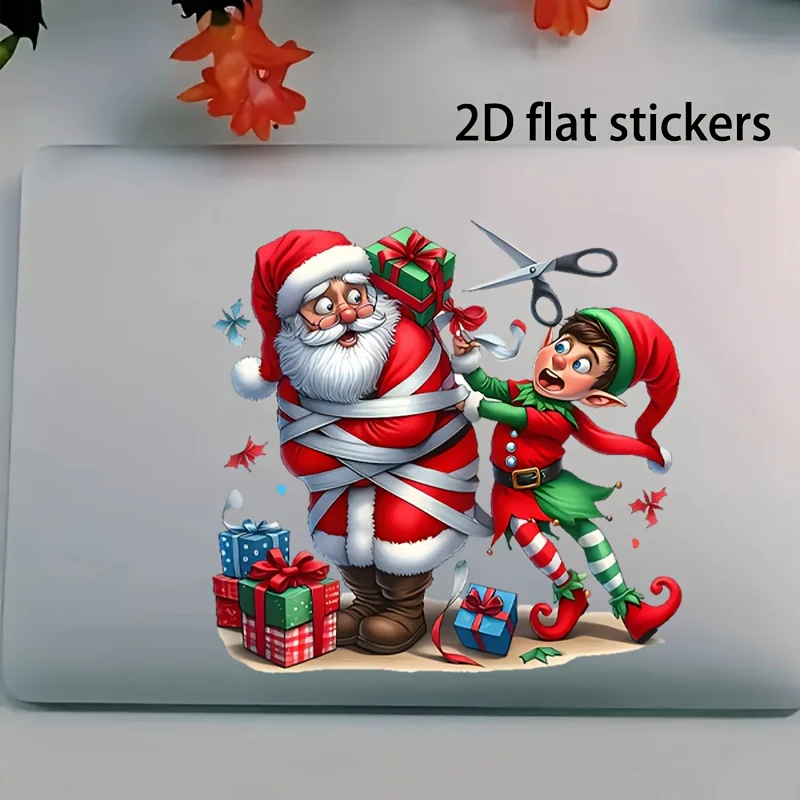 AliExpress 1PC Elf Laughing Santa Vinyl Sticker - Self-adhesive, smooth surface, cartoon design with gifts and snowflakes.