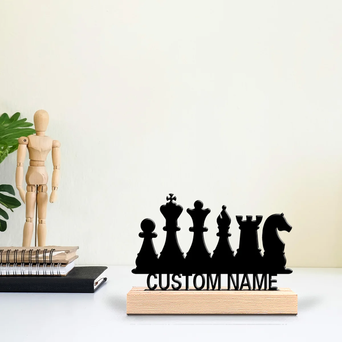 1pc Minimalist chess Custom Letter Metal Statue Metal Ornament Handicraft With Wood Base Iron Sculpture For Boys Gifts
