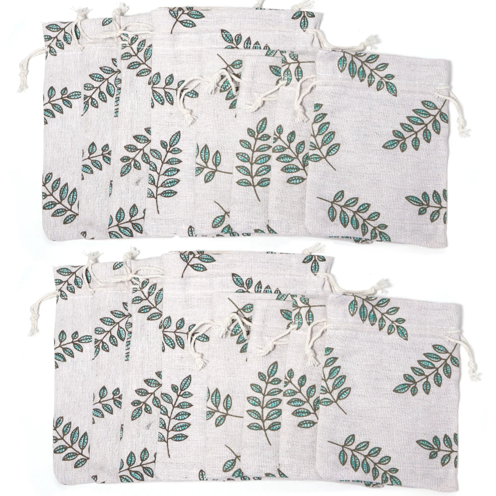 5 Stück/Set Baumwoll-Leinen-Beutel mit grünem Blattmuster, Geschenkbeutel, Schlüssel-, Münz- und Kosmetik-Aufbewahrungsbeutel, Schmuckverpackungsbeutel – Detail 4