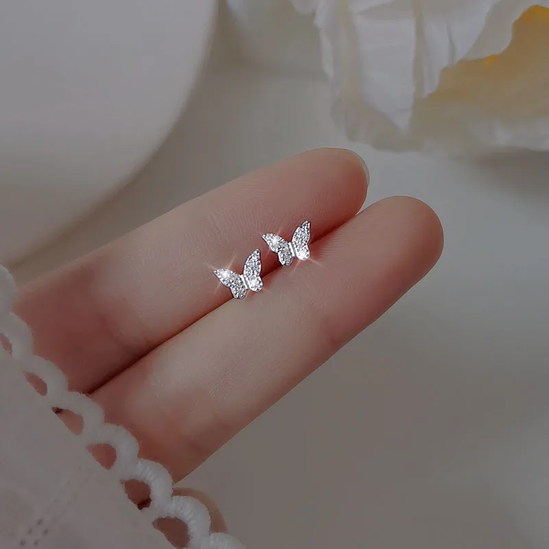 925 Silver Needle Shiny Small Earrings Flower Leaf for Women Tiny Cubic Zirconia Stud Earrings Fashion Jewelry