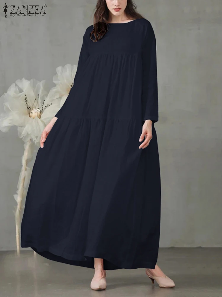 Fashion Solid Ruffle Dress Women Autumn Sundress ZANZEA 2023 Casual Long Sleeve Maxi Vestidos Female O Neck Robe Sarafans Kaftan