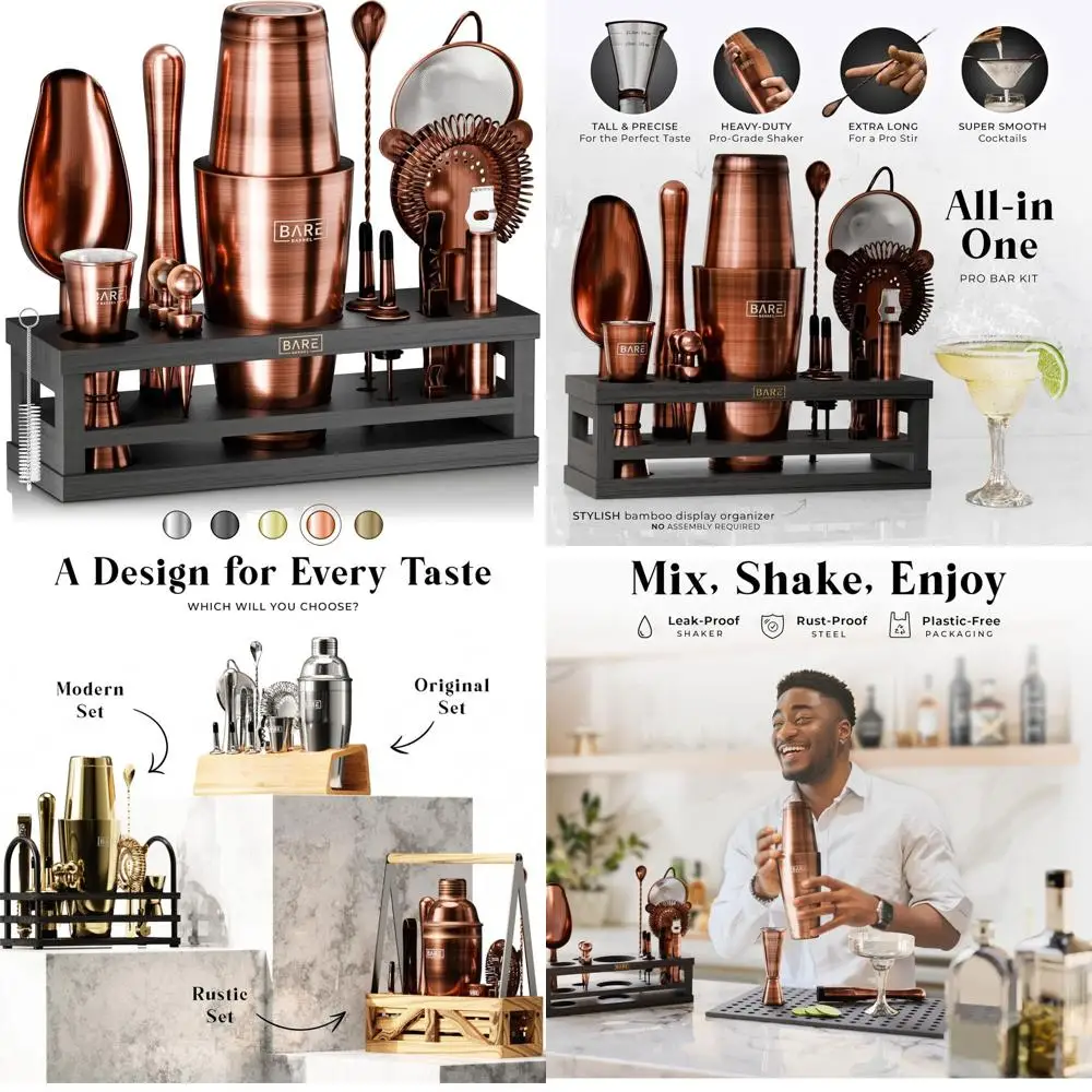 

16-Piece Cocktail Shaker Set | Premium Bar Tools for Home Bartending | Includes 35 Recipe Cards | 28oz Boston Shaker | Copper/Bl