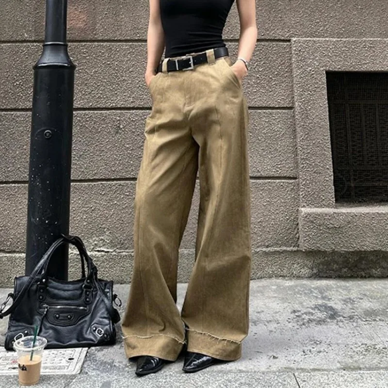 American Fashion Simple Khaki Casual Pants Women Y2K High Street Retro Loose Harajuku Street High Waist Straight Trousers