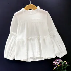 Kids White Shirts Outfits Girls Lace Blouses School Uniform Long Sleeve Baby Tops Teenagers Children Costumes  5 7 9 10 12 Years