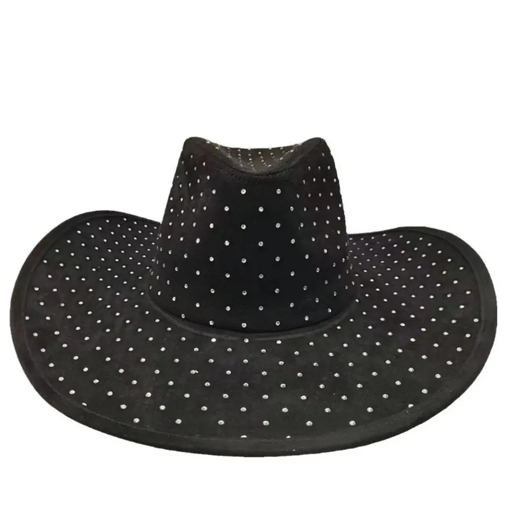 Large Brim Western Cowboy Hat Rhinestone Decor Glitter Finish Jazz Top Hat Sun Protection Solid Color Water Diamond Sombrero