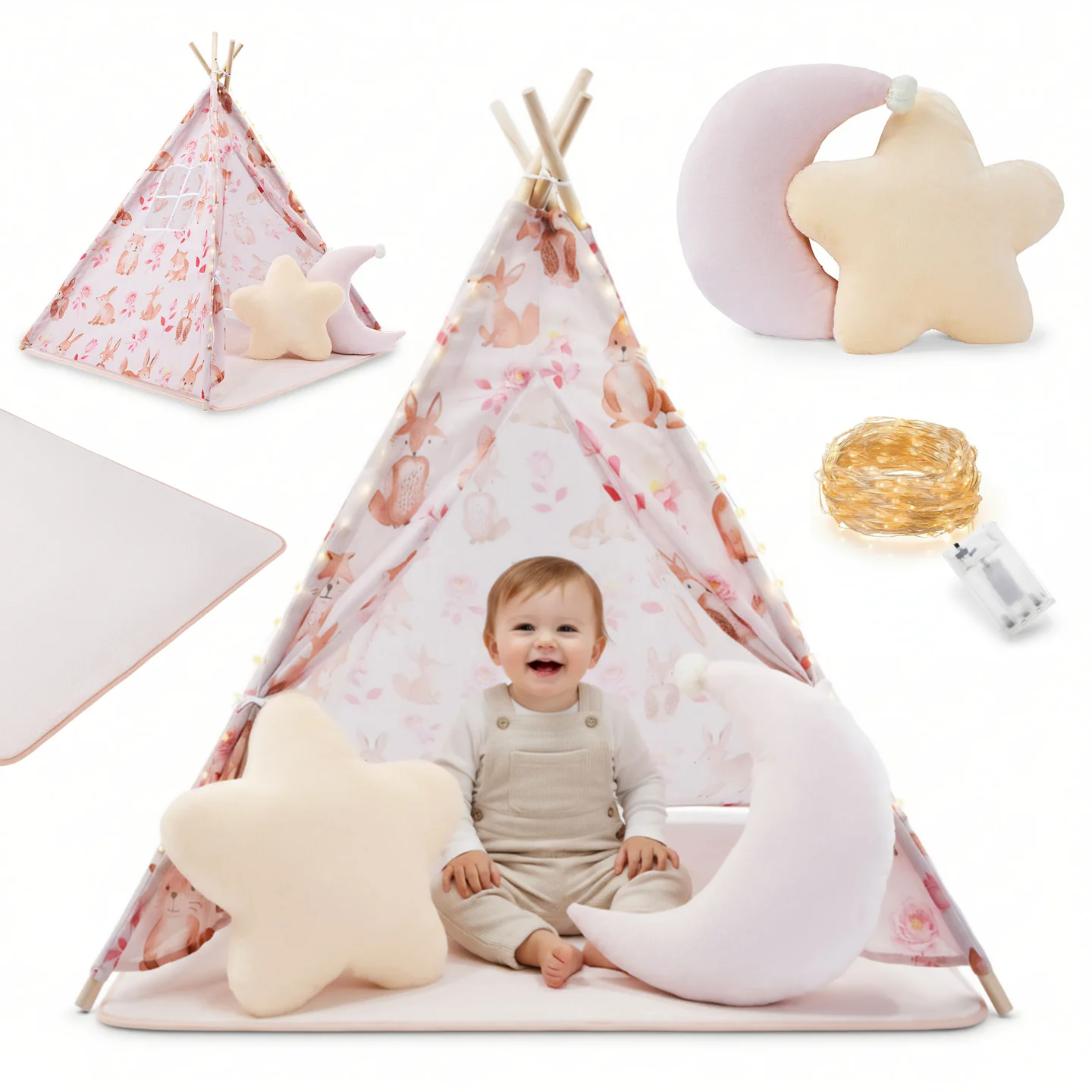 Mamabrum Tipi-tent voor kinderen, set XXL met tapijtkussens en LED-verlichting, schuilplaats voor meisjes vanaf 3 jaar