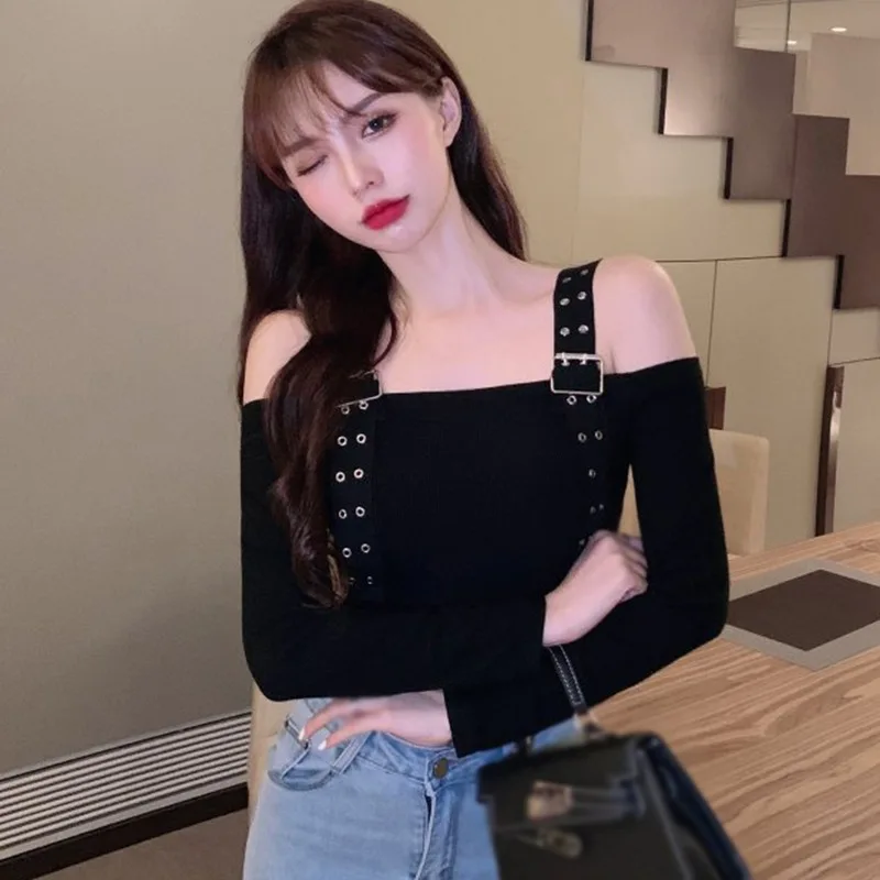 Off Shoulder Long Sleeve T-shirt Women Tight Short Top Double Button Shoulder Crop Top Streetwear Basic Tshirt Lady Slim Top