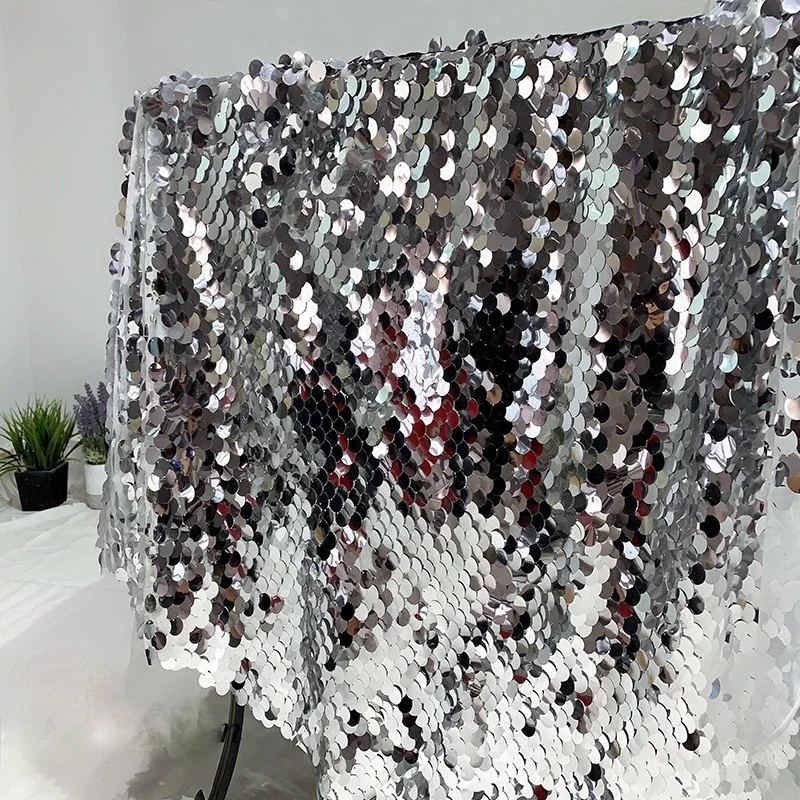 Round Fish Scale Sequin Mesh Yarn Fabric Bright Silver Embroidery Background Cloth Decorative DIY Sewing Dress Clothing