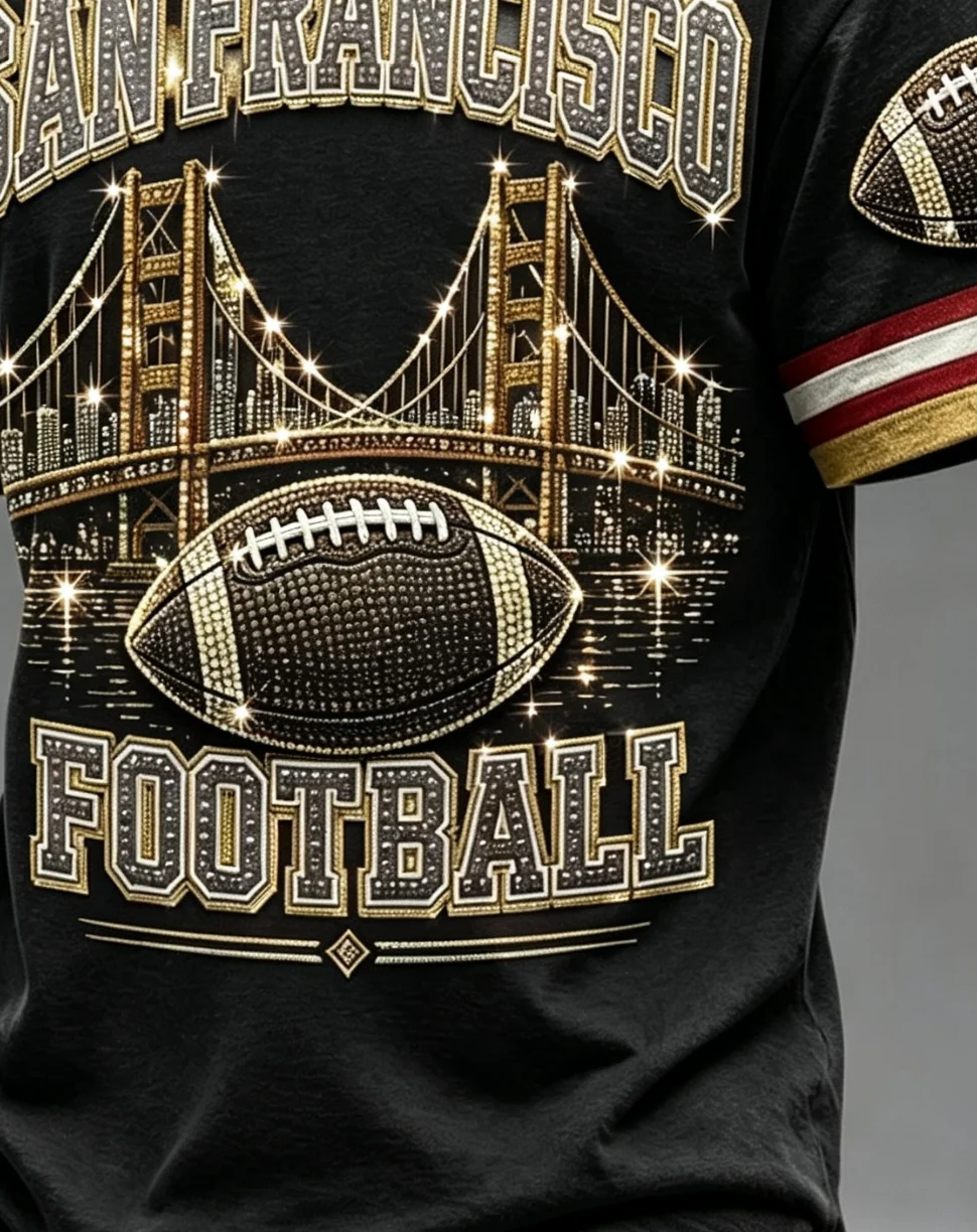 Red and gold color-blocked Dallas crew-neck T-shirt, San Francisco football shiny soccer print, back-to-school casual outfit.