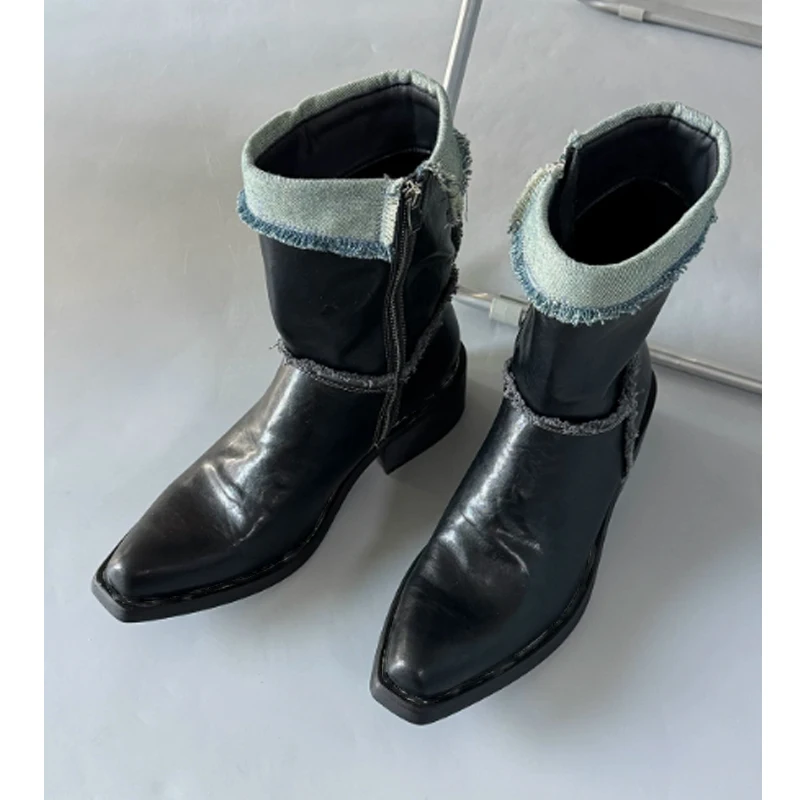 Men's Pointed Toe Chelsea Boots Canvas Frayed Trim Ankle Boots Side Zipper Block Heel Vintage Western Wizard Boots for Men