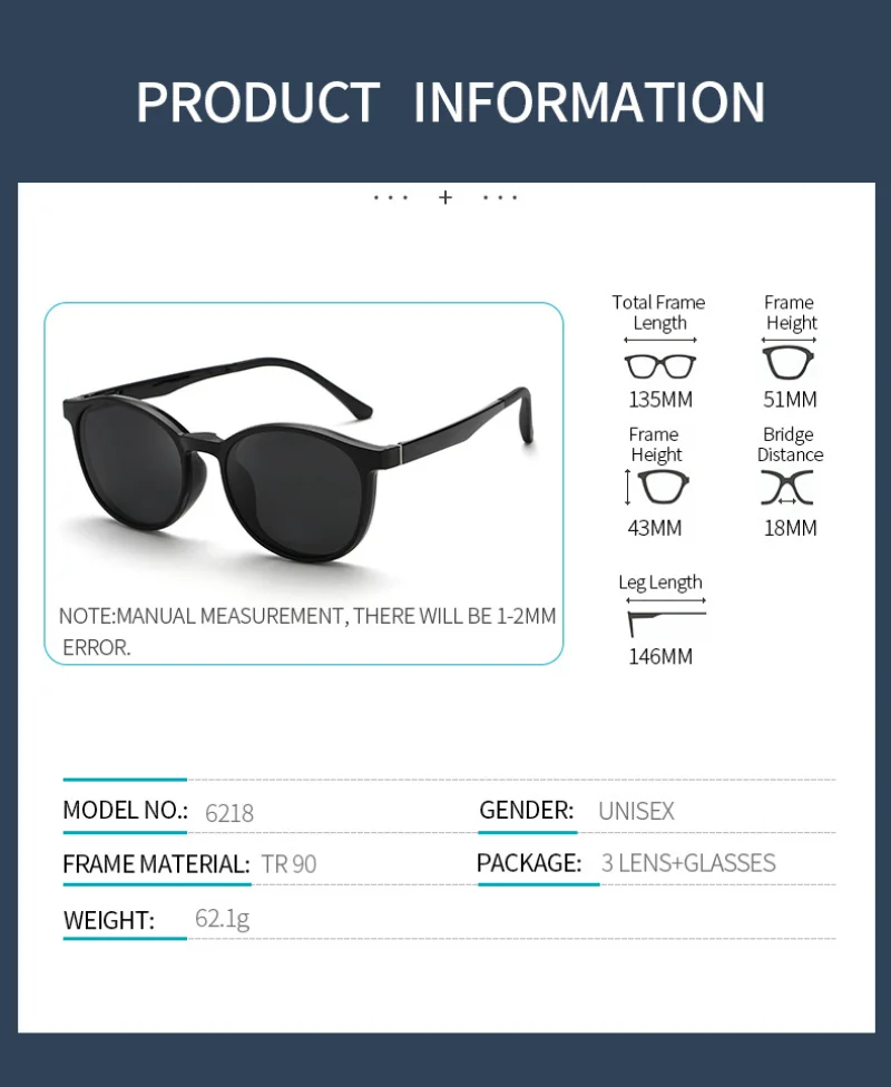 BEMORE Women Round Clip on Prescription Glasses Acetate Polarized UV400 Magnetic Sun Cover Optical Ladies Eyewear