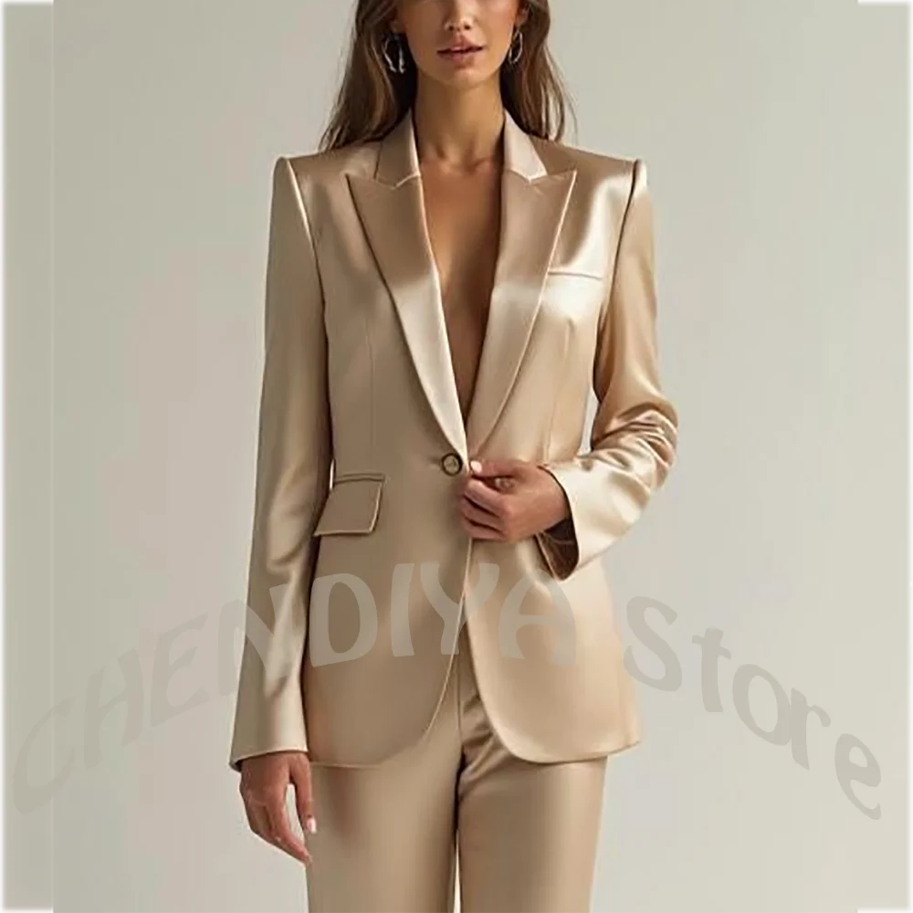 

Luxury Satin Women's Suit Modern Cut Peak Lapel Single Button Smooth Structured Jacket Pants Office Lady Elegant Outfits