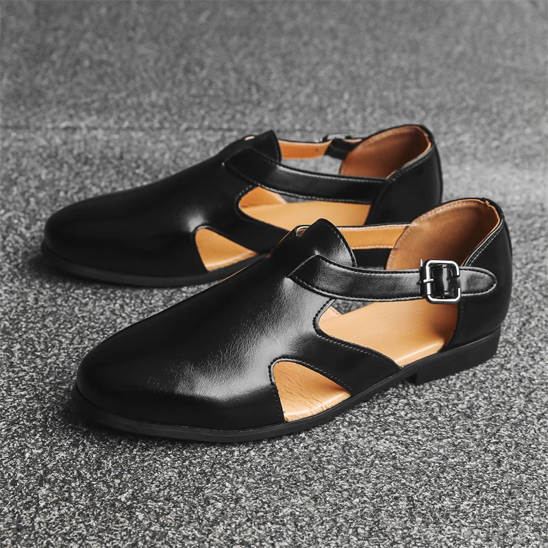 

Летние мужские кожаные дышащие сандалии высокого качества, модные повседневные черные коричневые сандалии без шнуровки в стиле ретро, кожаные сандалии, мужские сандалии на плоской подошве