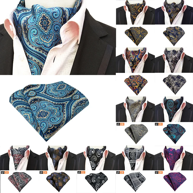 

New Men Luxury Silk Ascot Tie Set Man Cravat Ties Handkerchief Sets Floral Paisley Dots Pocket Square Necktie for Wedding Party