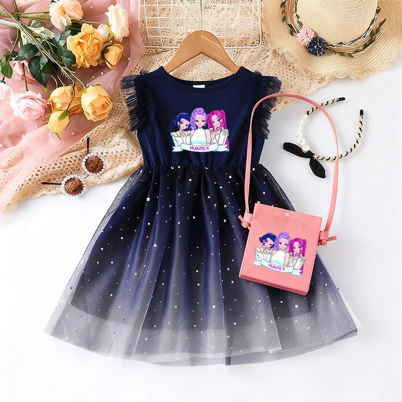 

KPop Demon Hunters Dresses Clothes Kids Short Sleeves Dress Baby Girls Lace Dress with Small Bag Fashion Children Clothes Gift
