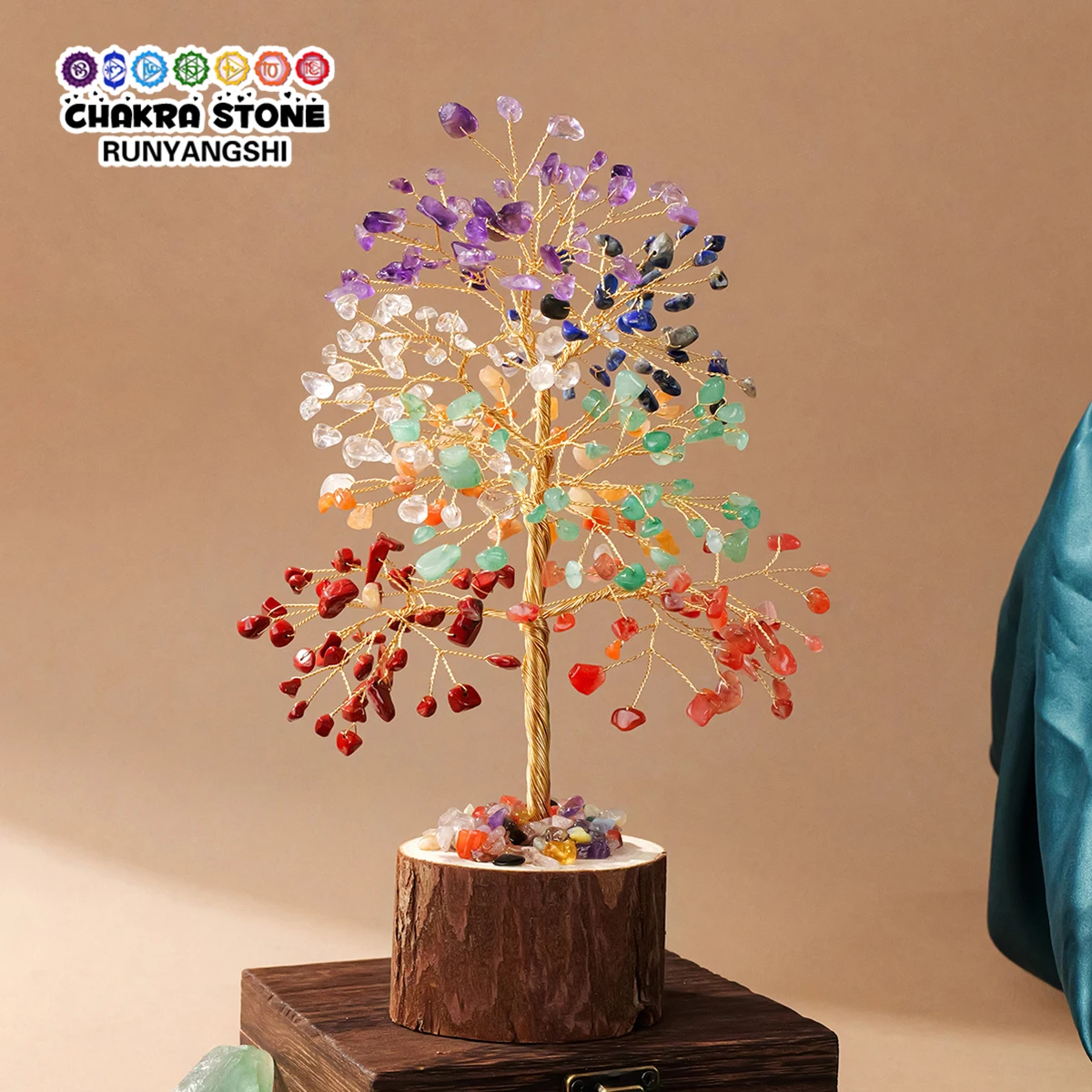 

1PC Natural Crystal Seven Colored Chakras Tree Wood Base Handmade Tree Of Life Home Christmas Halloween Decorative Gift