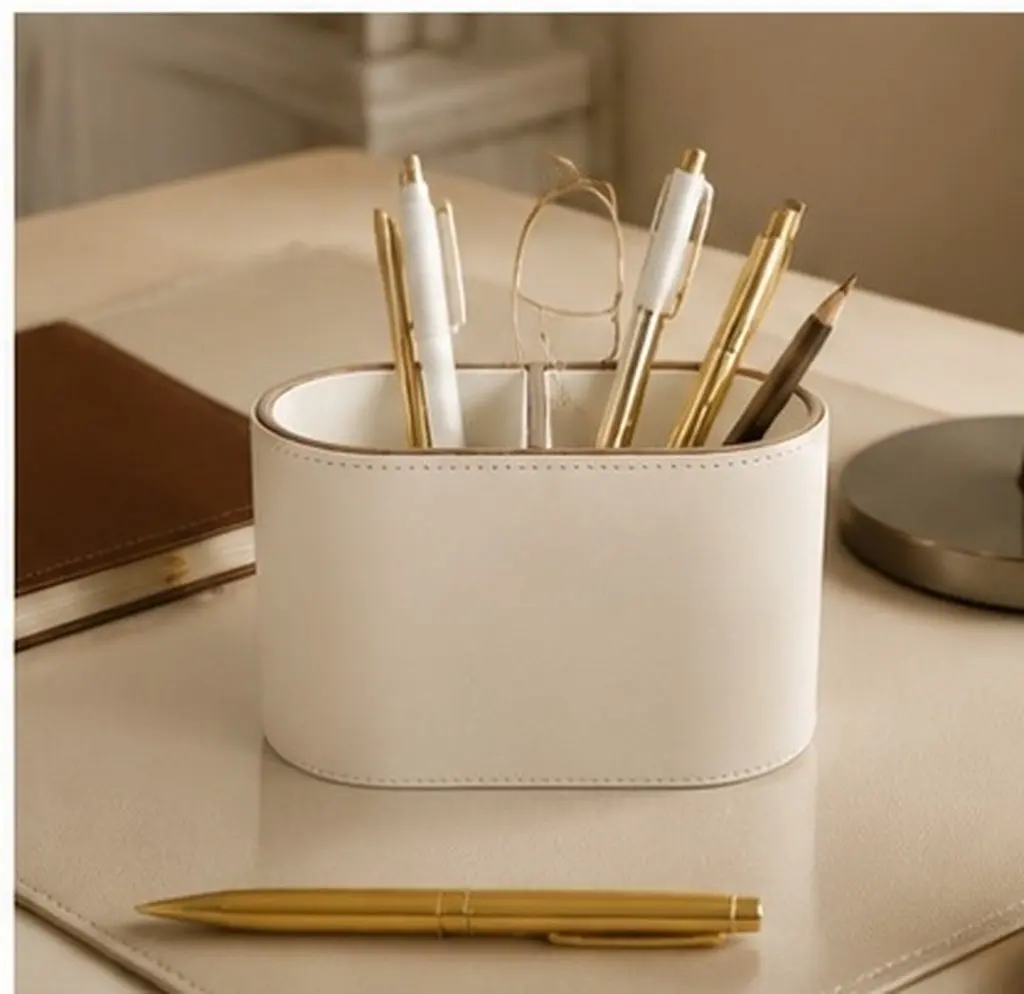 PU Pen Cup Desktop Caddy Pencil Organizer 2 Compartments Remote Control Holder Makeup Brush Holder Home Office