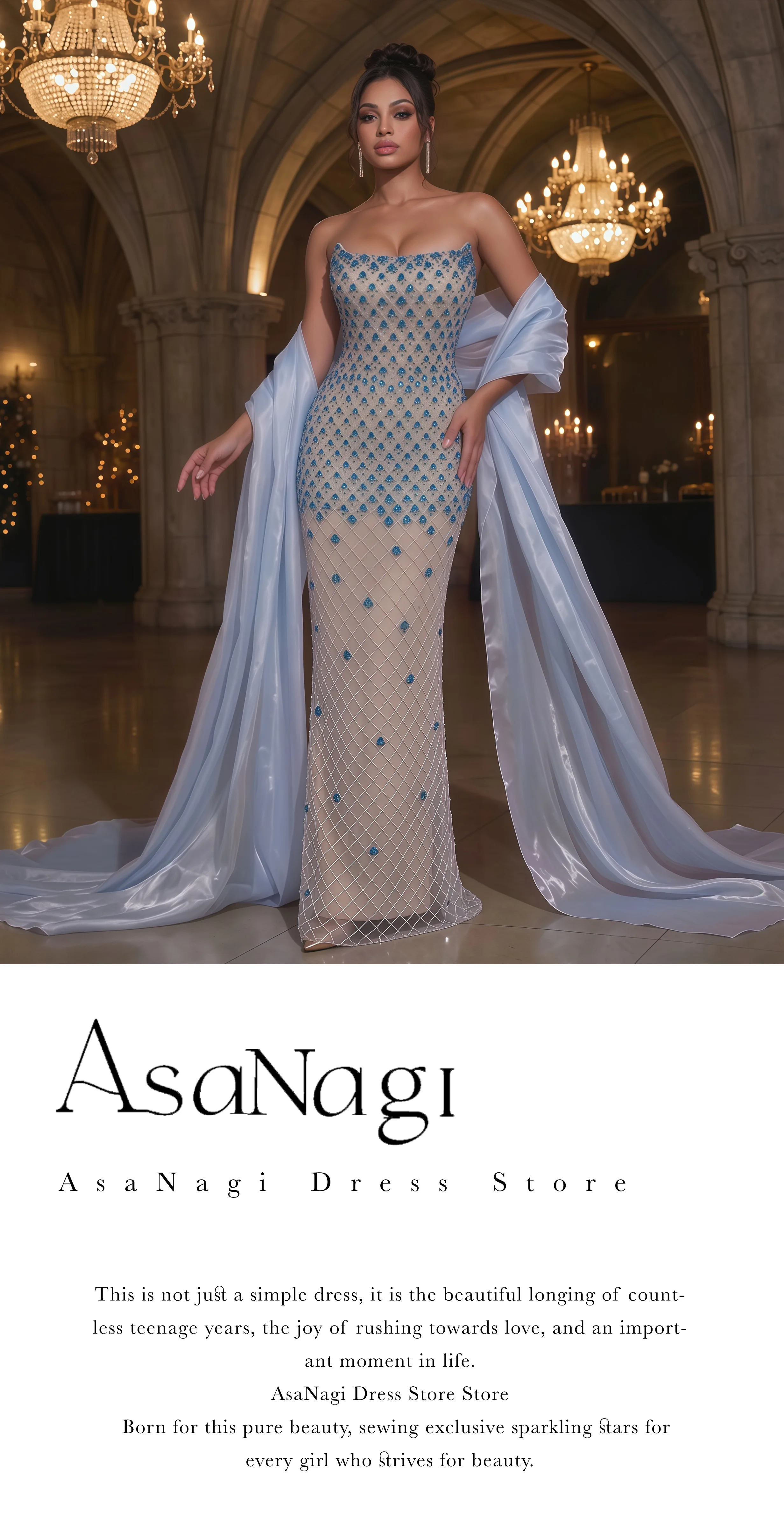 Vestido de Fiesta Sirena Glam Gala, Sin Tirantes, Malla Nude, Degradado Azul, Adornado con Pedrería y Chal de Satén Fluido