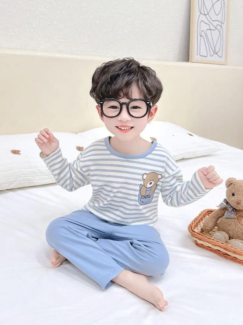 Boys Modal Cartoon Bear Pajamas Lightweight Long Sleeve Autumn Striped Home Wear
