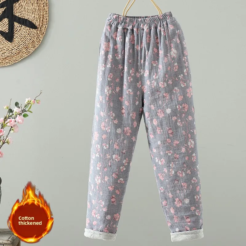 

Женские зимние утепленные повседневные прямые хлопковые брюки с цветочным принтом и лоскутным дизайном, свободного кроя, модные женские брюки