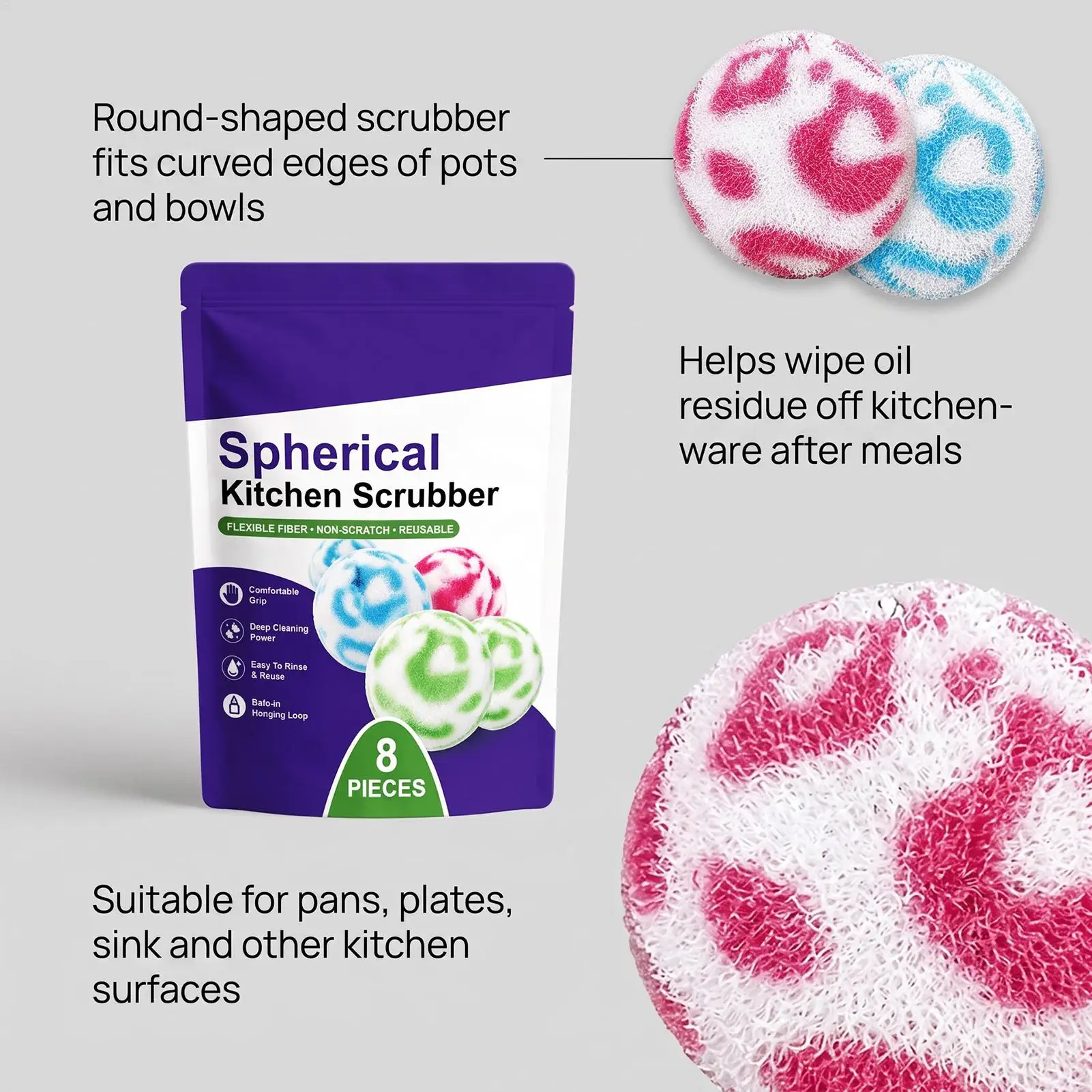 Dish Washing Brush 8 Pieces Spherical Multi-Functional Non-Scratch Bathtub Cleaning Ball For Sink Bowls Pots Bathtub Countertop