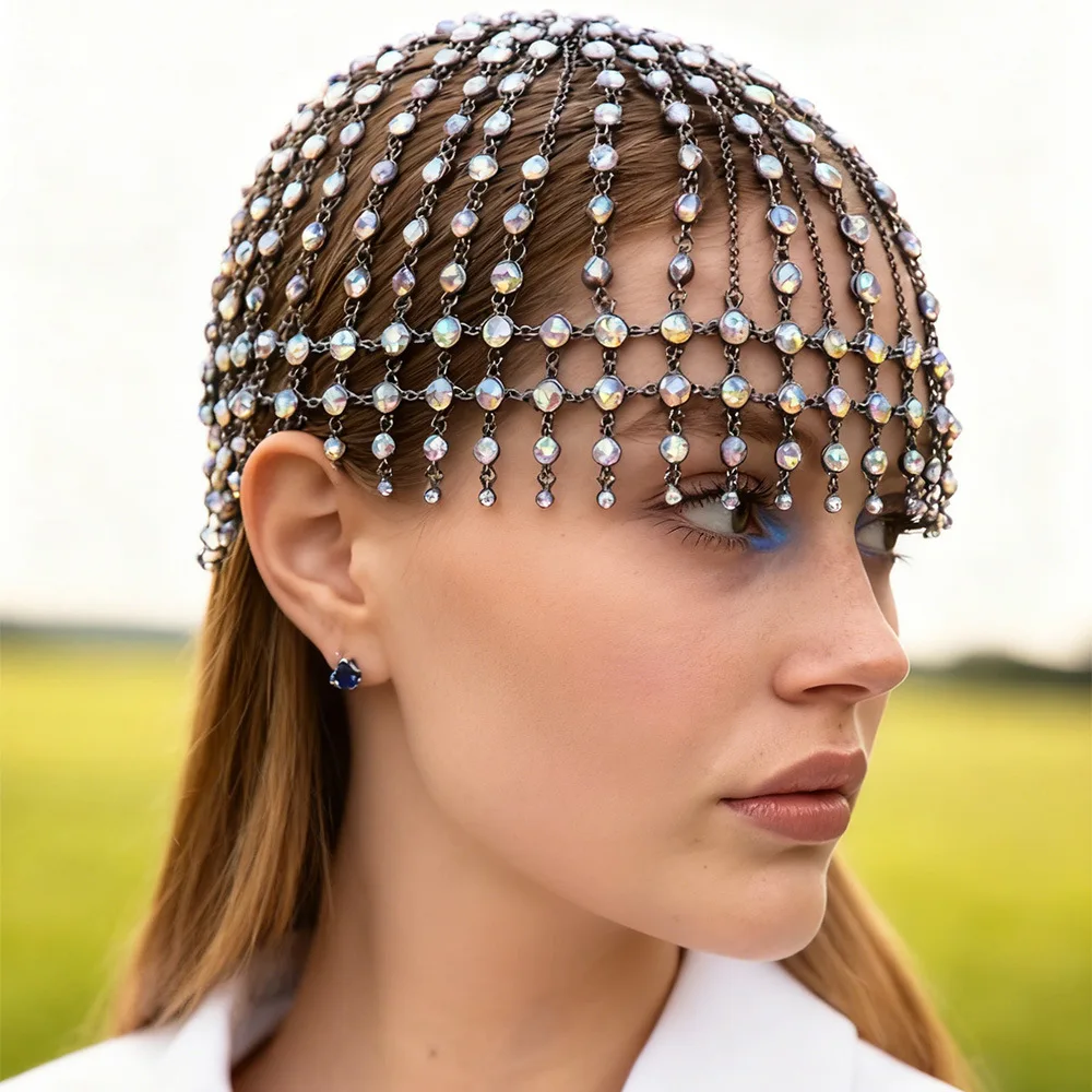 

New colored diamond fringed hair chain personalized exaggerated rhinestone headgear mesh accessories women Hair band