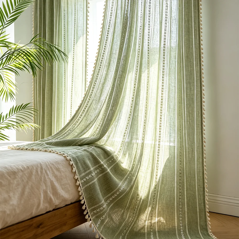 1/2 Panels Bohemian curtains with crochet tassel design, suitable for bedrooms, living rooms, studies, and other spaces