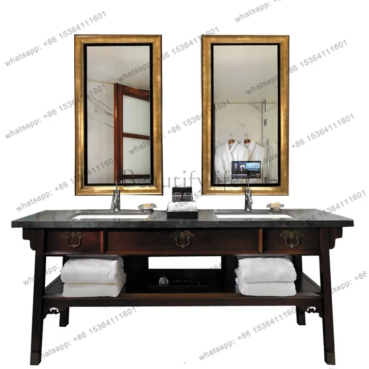 

Chinese antique oak solid wood bathroom cabinet, face wash marble basin cabinet