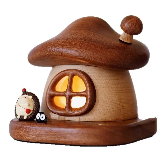 ضوء ليلي لمنزل الفطر، مصباح LED منزلي قابل لإعادة الشحن بجانب السرير، ديكور غرفة الأطفال، من الخشب الصلب للنوم