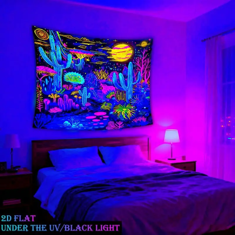 VIKAMA UV Reactive Wall Tapestry Trippy Alien Cactus Cosmic Desert Wall Hanging Gaming Bedroom Hippie Home Decor