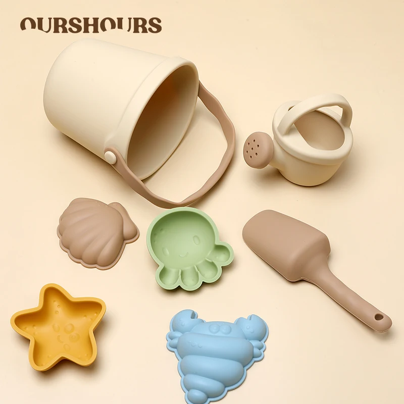 7Pcs Kids Silicone Beach Toys Set Sand Bucket with Shovel and Molds Outdoor Toddler Sand Digging And Storage Tool Beach Play Toy