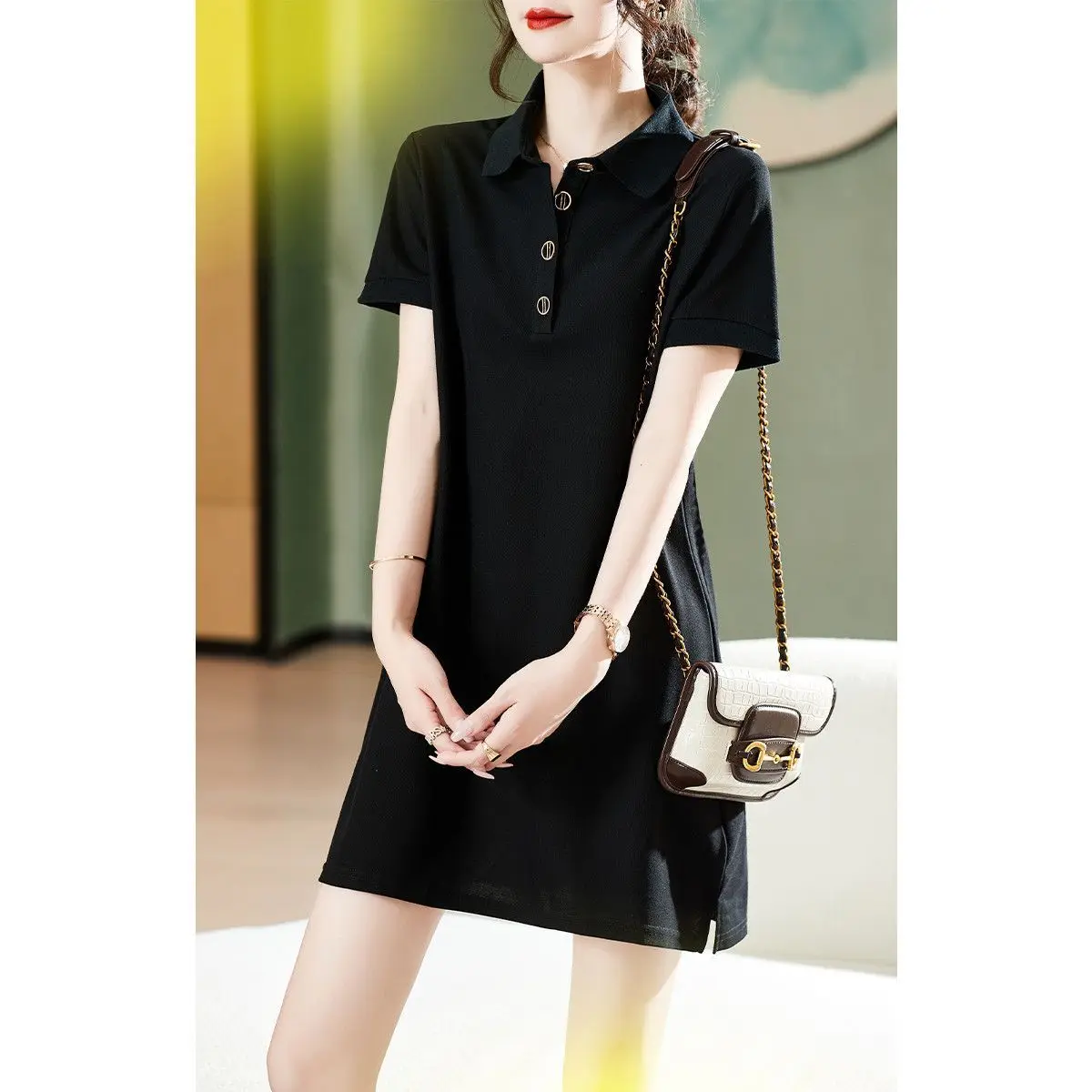夏服 レディース カジュアル ボタン ポロ襟 半袖 無地 ミディアム丈 Tシャツ おしゃれ 若見えワンピース