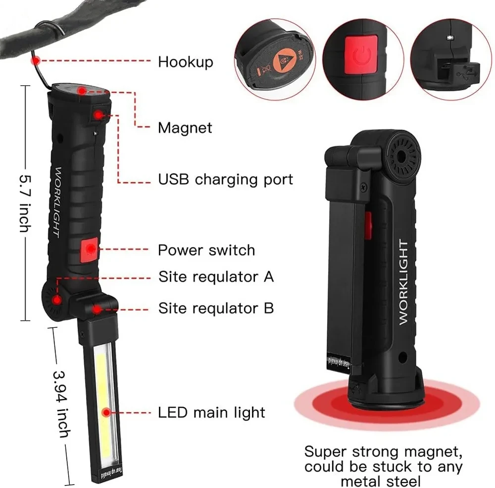 Перезаряжаемый через USB светодиодный фонарик для кемпинга, рабочий свет с магнитом и крючком, IP64, водонепроницаемый, 5 режимов освещения, подходит для ночной работы