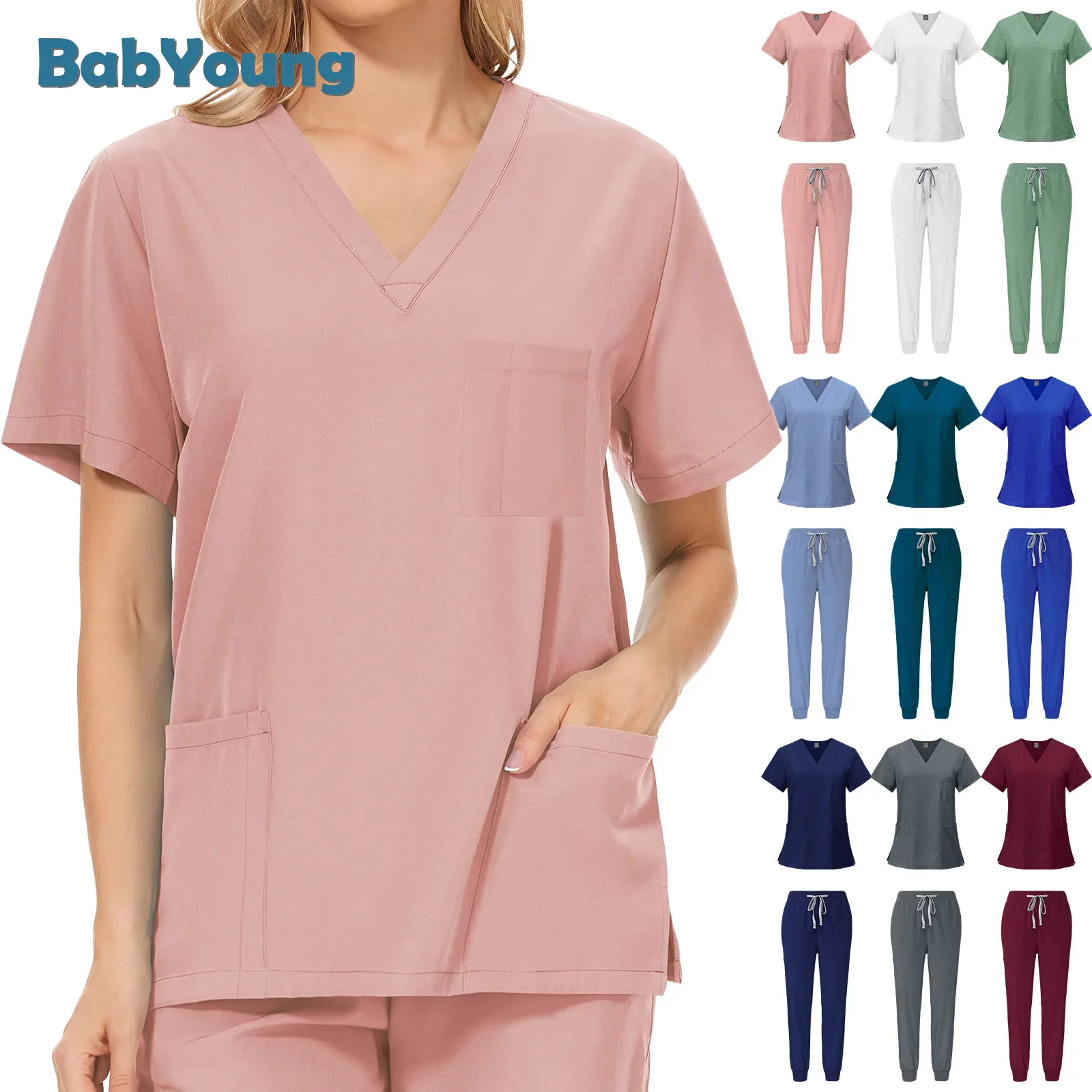 Workwear Nursing Women Scrubs Elastic Band Pants Working Uniform Women Short Sleeve Neck Tops Dental Hospital Scrubs Suits