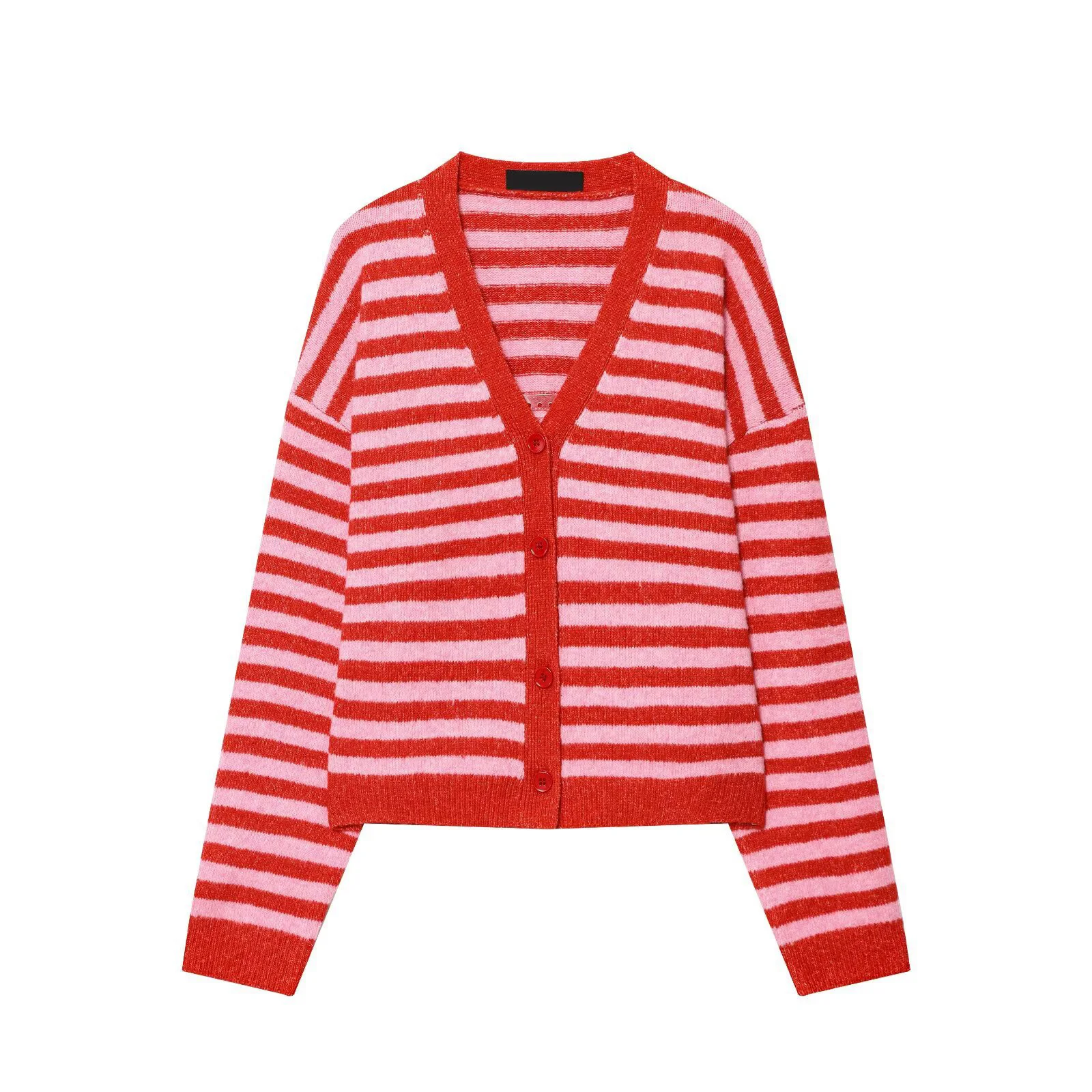 

Red Striped V Neck Cardigan Sweater Women Single Breasted Long Sleeve Knitted Sweater Autumn New Loose Casual Simple Knitwear