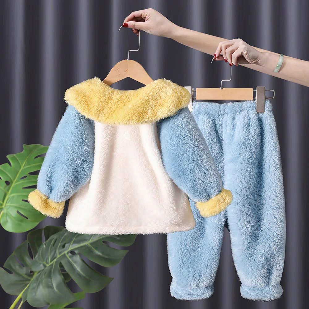 2024 Autumn Winter Kids Girls 2PCS Sleepwear Set Coral Velvet Cartoon Long Sleeve Coat Pants Sleepsuit Children Girls Pajamas