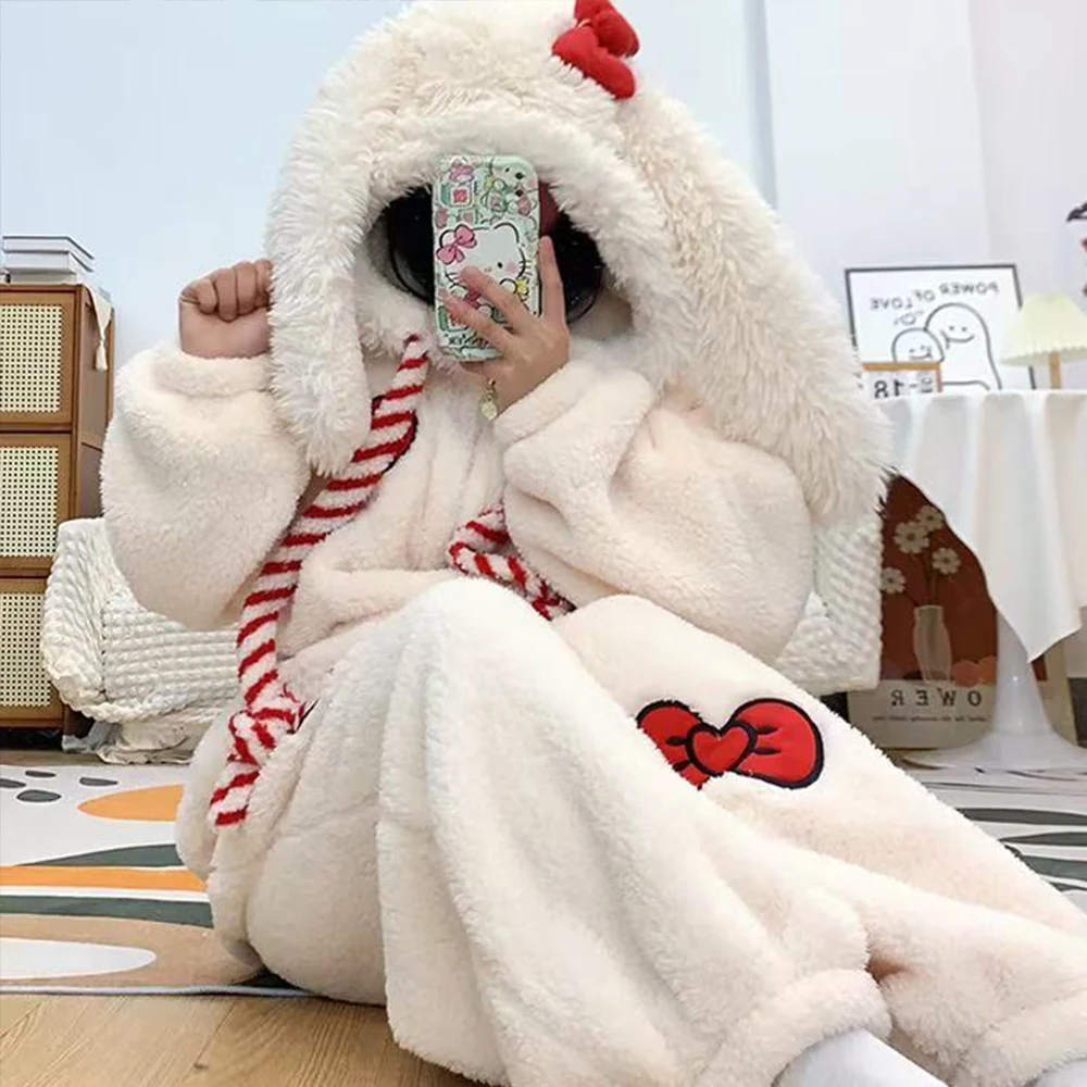 Mädchen Cartoon Häschen Kigurumi Onesie Pyjama Winter Dicker Plüsch Fleece Kapuzen-Jumpsuit Schlafanzug Niedliche Schleife Homewear Loungewear