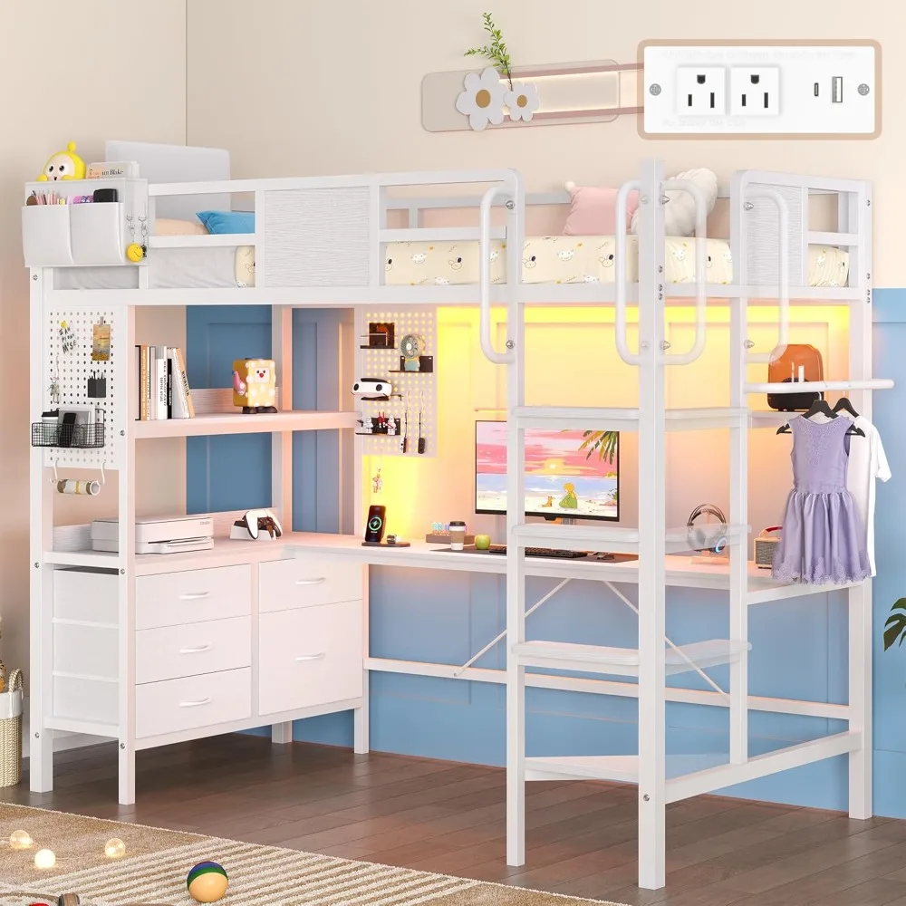 Twin Size Loft Bed with L-Shaped Desk, Heavy    Metal Frame, 5 Drawers, LED Lights &    Station for Small Room Dorm