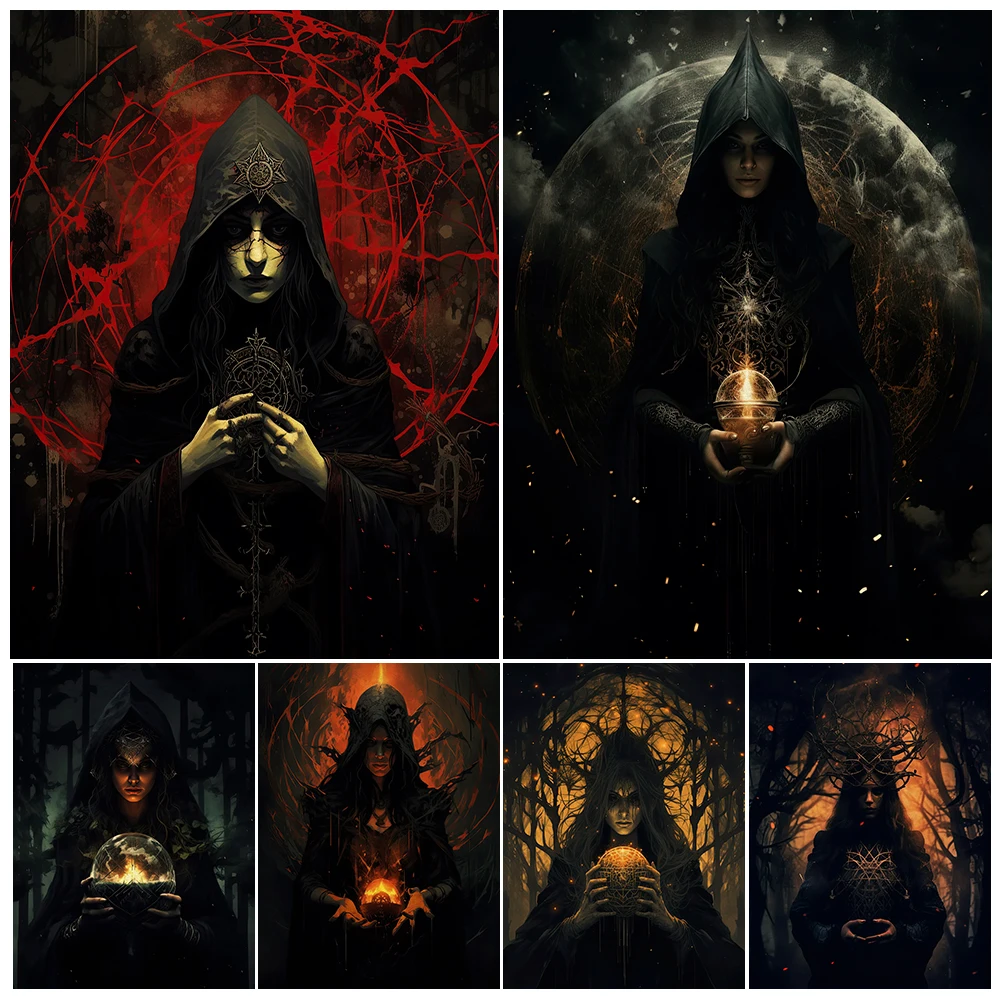 Mysterious Witch Priest Vintage Wall Art Canvas Painting Abstract Witchcraft And Black Magic Art Poster And Print Home Decor