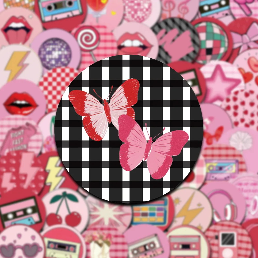 50PCS Pink Trendy Ins Modern Art Circular Graffiti Stickers Butterfly Love Cherry Lantern Ball Sunglasses Creative Decoration