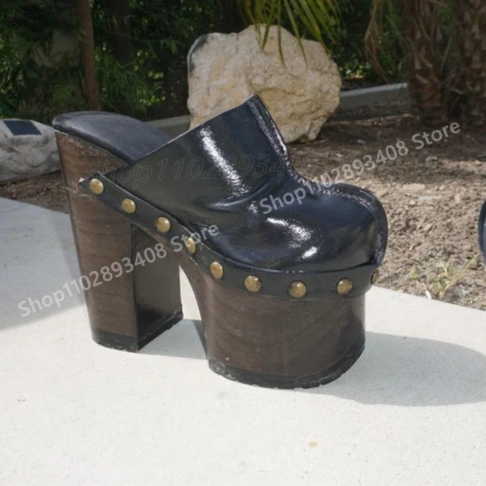 

Thick Soled Chunky High Heel Metal Round Rivets Decor Elegant Slippers Matte Women Shoes 2025 New Summer Zapatos Para Mujere