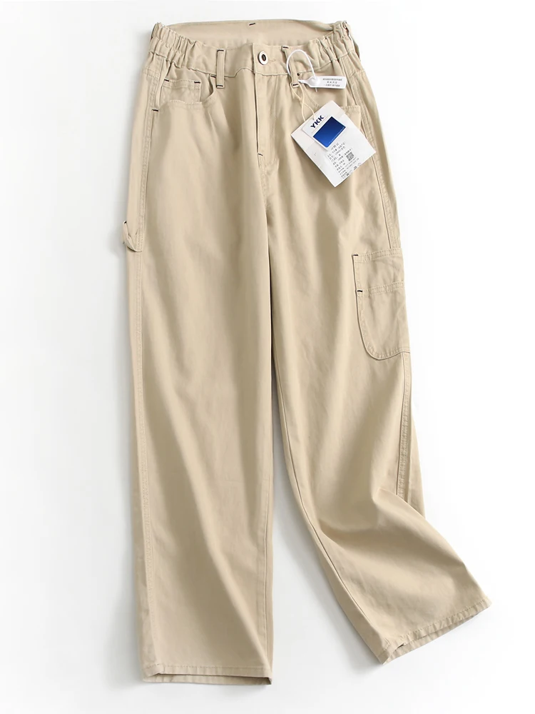 

Pure Cotton Color Elastic Waist Loose Straight Leg Pocket Work Trousers Long Leg Lengthening Versatile Women's Jeans