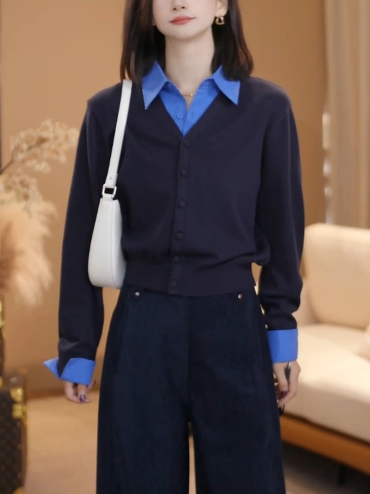 

Casual Long Sve Knitted Sweater Fake Two-Piece irt Collar Blend Comfortable Women's Autumn Faion Woolen Top